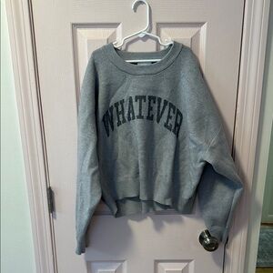 Gray Crew Neck Sweater with Bold Text